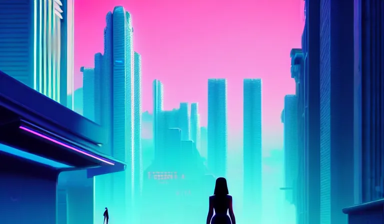 Prompt: a beautiful and immaculate futuristic city. the silhouette of a beautiful young woman standing in an alleyway. vaporwave ombre rendering. outrun style. trending on artstation. recommended for you behance. by chris moore. by edward hopper. beeple colors. ambient occlusion. digital matte painting. metropolis filmic. gotham city.