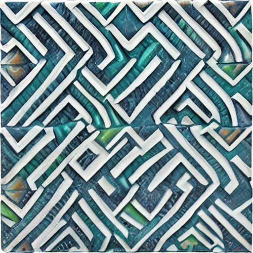 Prompt: intricate colorfully painted serpentine maze, carved soapstone relief paneling white and pale blue