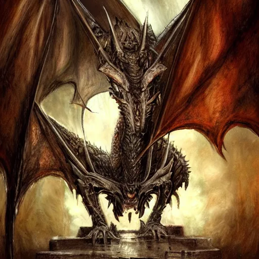 Prompt: dragon on the throne in the majestic throne room, great horns, armored, luminous scene, by luis royo, d & d character, highly detailed portrait, digital painting, artstation, concept art, smooth, sharp focus illustration, artstation hq