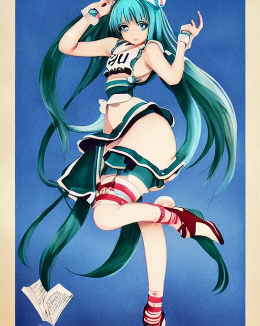 Image similar to Hatsune Miku full body pin up modeling in idol unioform, with a park in the back ground, post war style, detailed face, watercolor art style, by Gil Elvgren