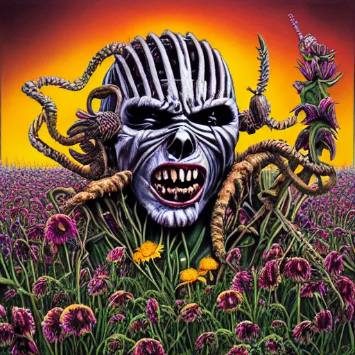 Image similar to an album cover for iron maiden record called flowers by derek riggs, realistic, insanely detailed illustration, hd