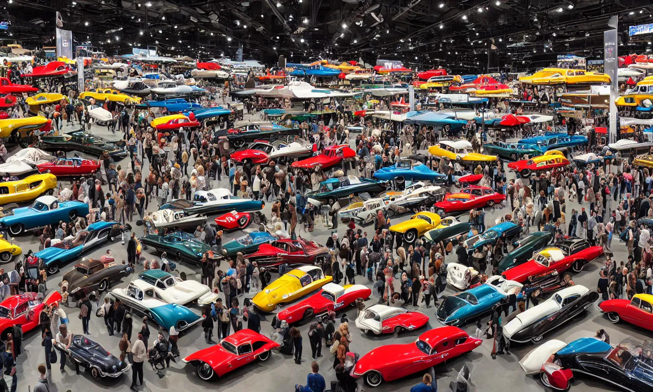 Image similar to exhibition hall full of restomods cars, plants and observing crowd people, high detail, colorful image, small features, from new movie by digital domain and weta digital, strong ambient occlusion