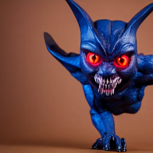 Image similar to detailed full body of scary giant mutant dark blue humanoid pygmy-bat, glowing red eyes, sharp teeth, acid leaking from mouth, realistic, giant, bat ears, bat nose, furred, detailed, 85mm f/1.4