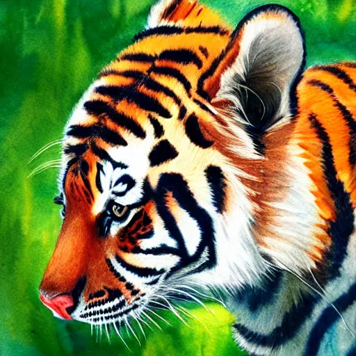 Prompt: watercolor drawing of a curious young tiger smelling a flower, big eyes, cute, watercolor, wide angle shot, low angle shot, full shot, white background, very detailed, high quality
