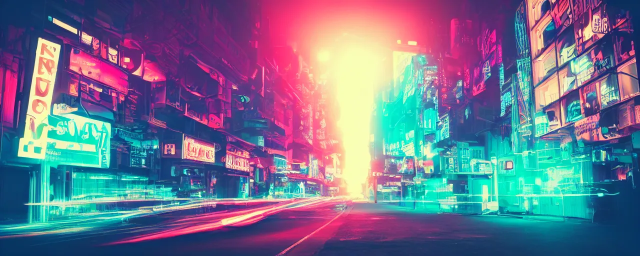 Image similar to night city, neon lights, glow signs , retrowave style, sunset