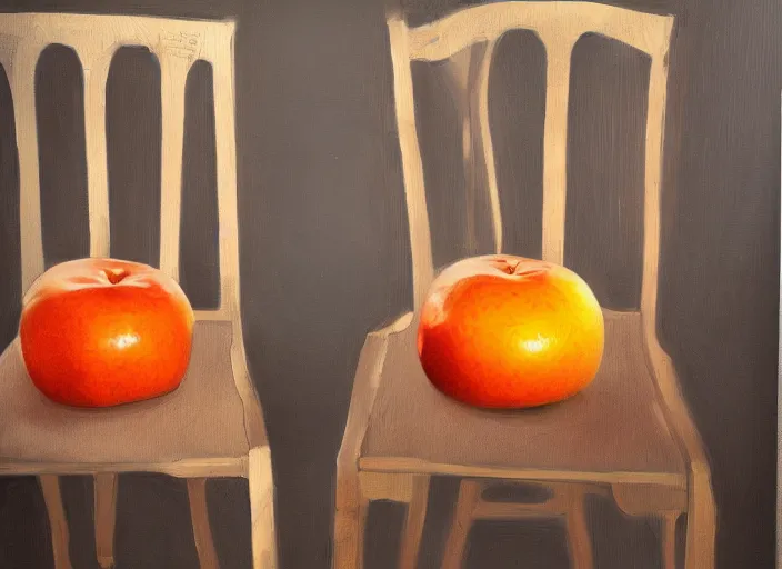 Image similar to a not finished painting by yvan goll showing two chairs having a conversation about apples or oranges. elegant, highly detailed, artstation, smooth, sharp focus