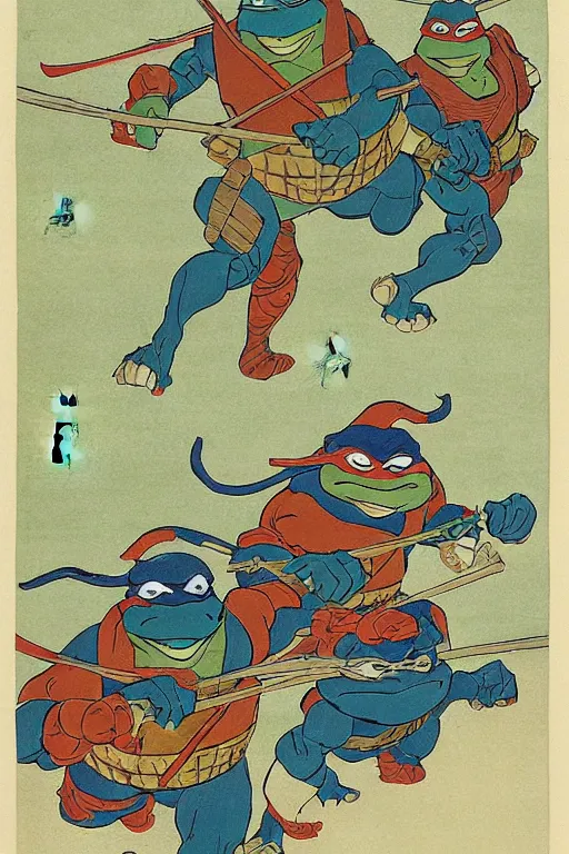 Image similar to Four Teenage Mutant Ninja Turtles, Japanese ukiyo-e ukiyo-ye woodblock print, by Moronobu