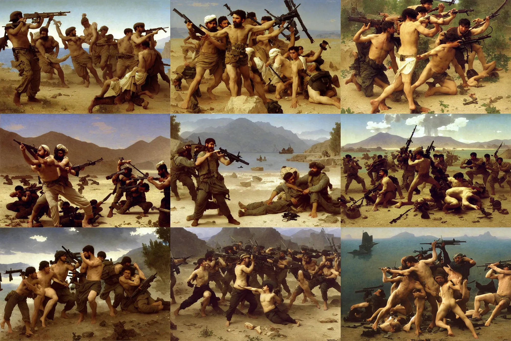 Prompt: depiction of the Navy SEAL battling afghanis , Afghanistan background by William-Adolphe Bouguereau,