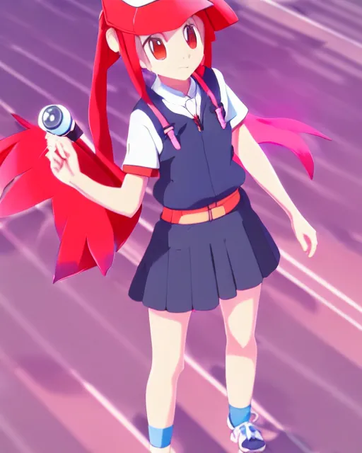 Prompt: portrait of cute pokemon trainer girl with vibrant red hair, pokemon trainer outfit, anime key visual, by ilya kuvshinov and wlop and makoto shinkai and studio ghibli, pokemon