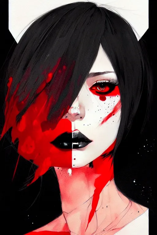 Prompt: a ultradetailed beautiful painting of a stylish goth girl, black eyes, red and black, by conrad roset, greg rutkowski and makoto shinkai trending on artstation