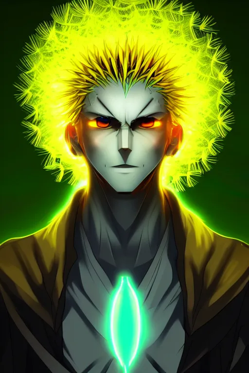 Image similar to nuke cloud dandelion male anime character, symmetrical, highly detailed, digital art, sharp focus, trending on art station, green eyes, glowing radioactive colours