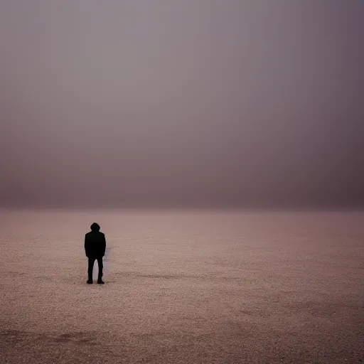 Prompt: a lonely man standing on a deserted planet, dreary, head down, smokey, mist, blur, ambient lighting, photograph, 24mm,