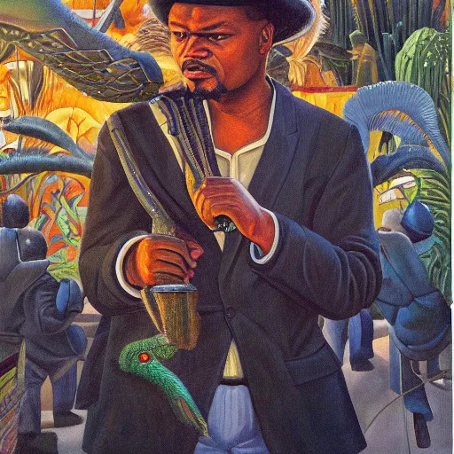 Prompt: high quality, high detail painting, dutch masterpiece, darryl mccray, film noir, diego rivera, high garden scene with quetzalcoatl at night, hd, muted lighting
