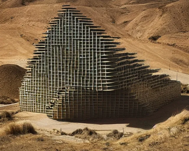 Prompt: snake oil as a building. Neo-Andean architecture by Freddy Mamani