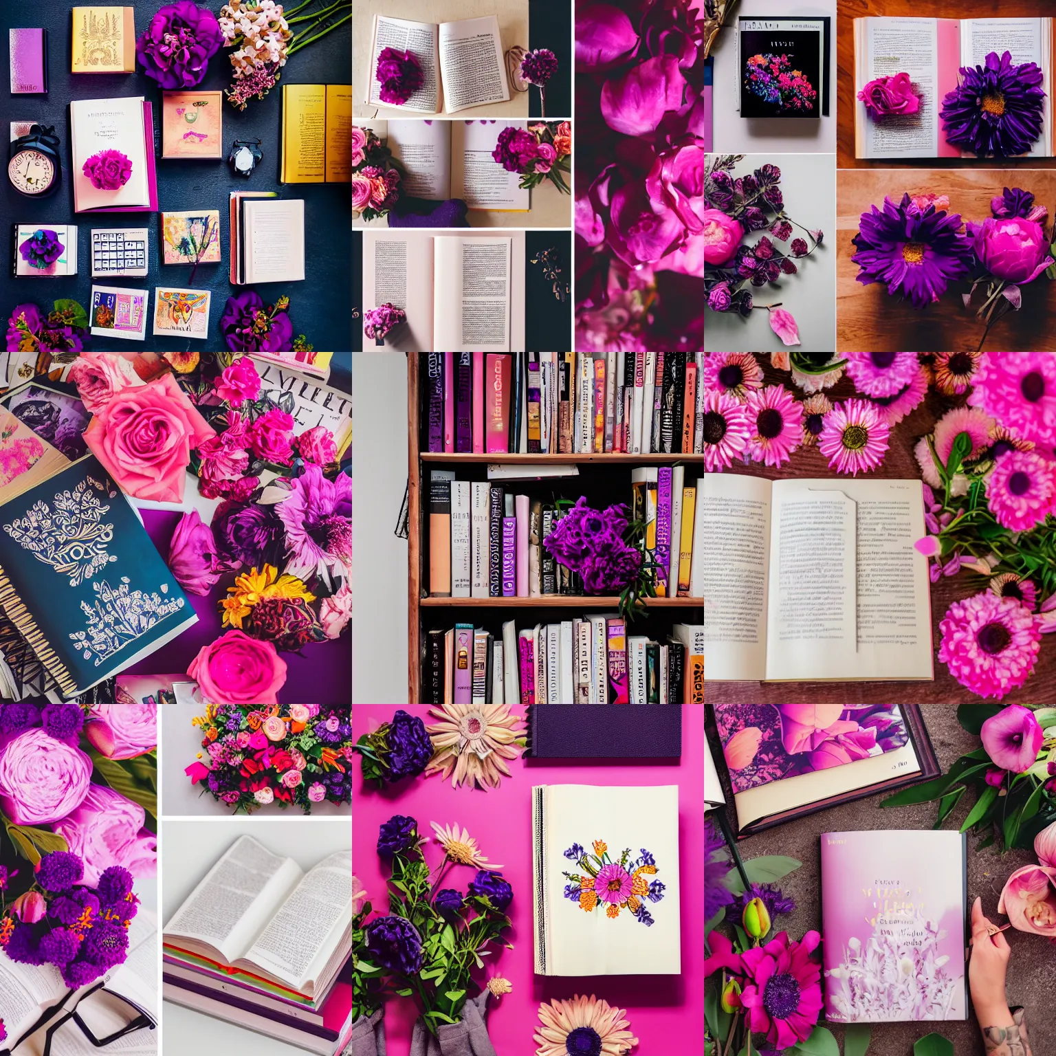 Prompt: flatlay book collection, vivid colors, dramatic lighting, pink and purple flowers