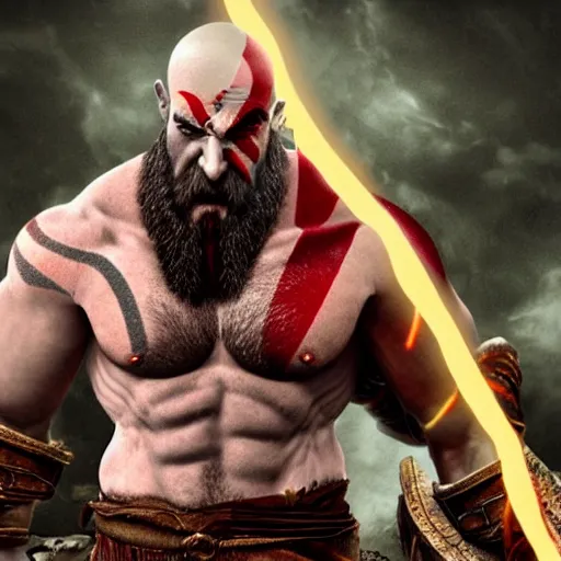 Image similar to kratos from god of war eating a cheeseburger