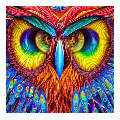 Image similar to colorful detailed portrait of a psychedelic owl by alex grey and johfra bosschart, trending in behance, 4K, deep depth of field