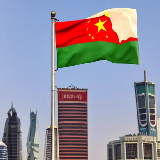 Prompt: a flag that is the combination of the Chinese and Saudi Arabian flags, flapping in the wind above a building