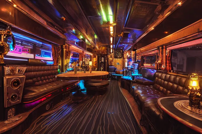 Prompt: inside a luxury nightliner tourbus, 3 steampunk robots sitting in the bus, a table with many bottles of beer and wiskey, exaggerated detailed, unreal engine, subtle multicolored light, 3 5 mm lens