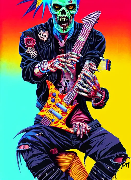 Image similar to a zombie punk rocker with a mohawk holding an electric guitar, tristan eaton, victo ngai, artgerm, rhads, ross draws