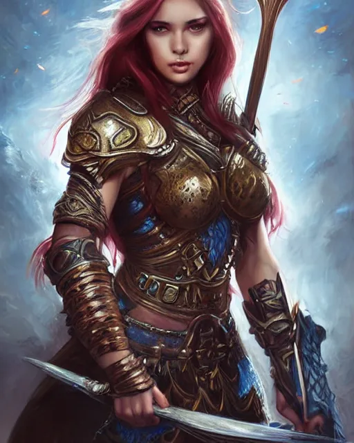 Image similar to a beautiful female warrior, 8 k, hyperrealistic, dragon slayer, hyperdetailed, fantasy portrait by laura sava