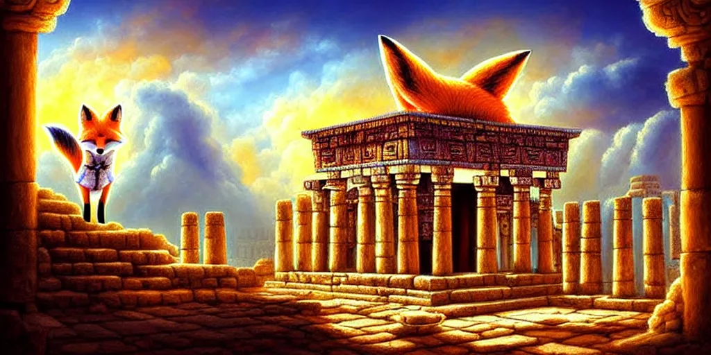 Image similar to illusion painting hidden temple in the clouds : an adorable small fox in the huge ruins of the second temple in jerusalem. a new temple hovers quietly hiding in the dreamy clouds above. a hooded bearded old man in a brown tunic laughing, colorful 8 k, art station, intricate superb details, digital art, illusion painting hidden image.