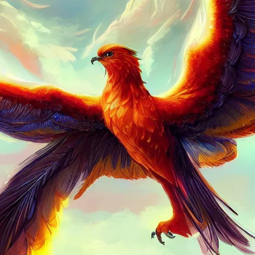 Image similar to cute flying phoenix, sparkling bird eyes, embers in her bird eyes, shining phoenix eyes, sharp features, flowing fiery feathers, highly detailed, digital painting, artstation, concept art, smooth, sharp focus, beautiful feathers, expressive eyes, illustration, phoenix art by Artgerm and greg rutkowski