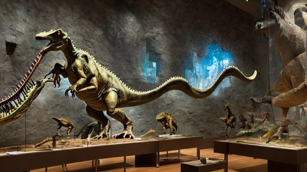 Image similar to the dinosaur through a museum, made of wax and water, film still from the movie directed by Denis Villeneuve with art direction by Salvador Dalí, wide lens