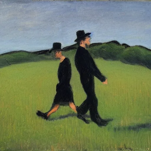 Prompt: a man in black and a black hat walking through a dead grassy field, impressionist art