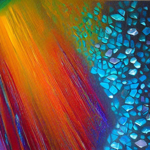 Image similar to rainbow colored crystal cave, oil on canvas,