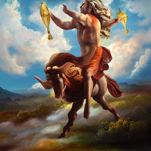 Image similar to a beautiful impasto oil painting of europa riding on zeus as a taurus by andy warholl, digital art