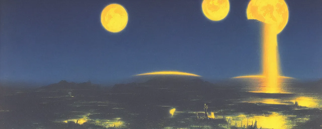 Image similar to awe inspiring bruce pennington landscape, digital art painting of 1 9 6 0 s, japan at night, 4 k, 8 k, hyperdetailed, minimalist