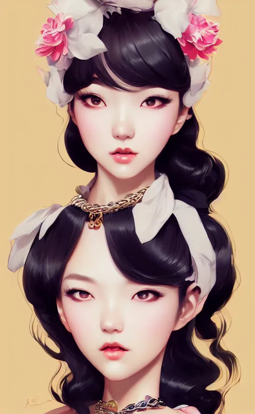 Image similar to a pin up and beautiful fashion charming dreamlke korea girl with lv jewelry, character art, art by artgerm lau and kyoung hwan kim and and ilya kuvshinov and john singer sargent, hyperdetailed, 8 k realistic, symmetrical, frostbite 3 engine, cryengine, dof, trending on artstation, digital art