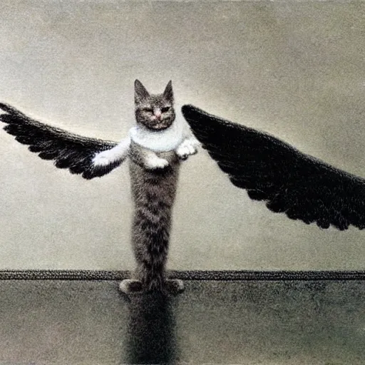 Prompt: a cat with wings an illustration by Michael Sowa, but as photography