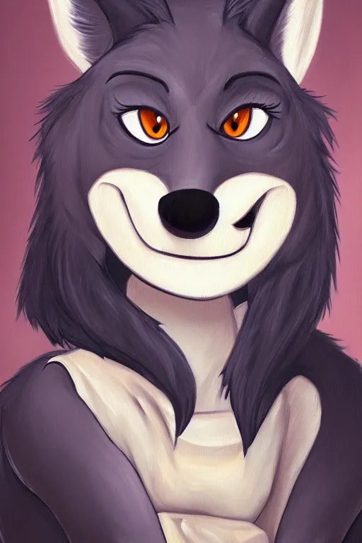 Image similar to oil painting of anthromorphic female wolf, in style of zootopia, female fursona, furry, furaffinity, 4 k, deviantart, furry art, fursona art, wearing black business suit, business suit, wolf fursona, female, very expressive detailed feminine face,