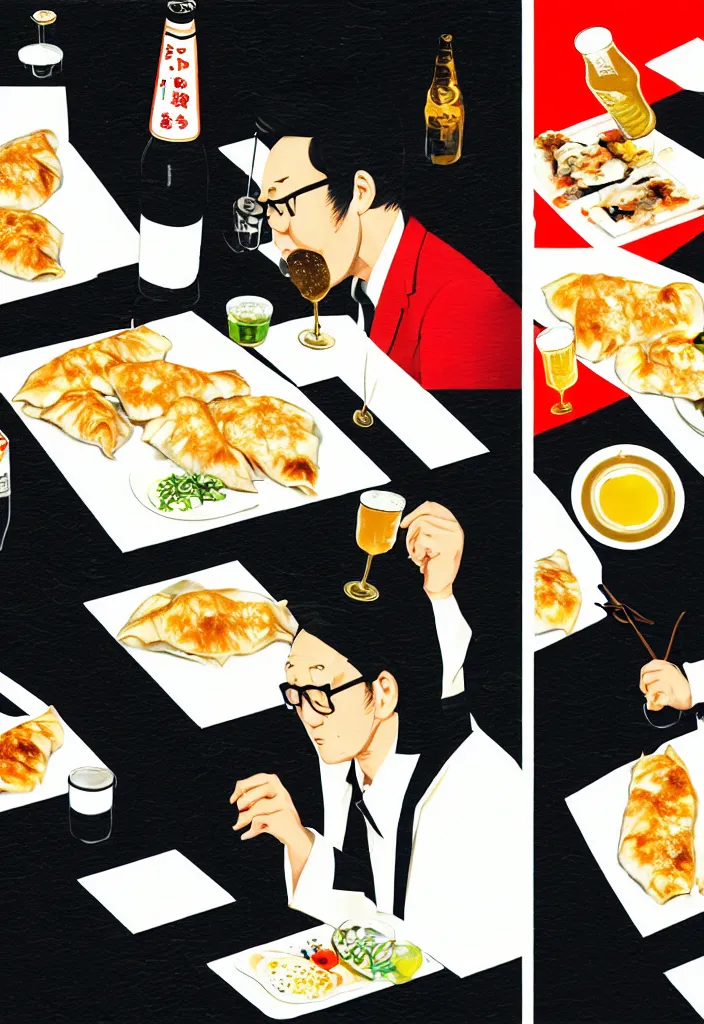 Image similar to two businessmen eating gyoza and drinking beer at an outdoor table in nighttime izakaya in shinbashi tokyo, japan, a collage painting, in the style of wes anderson, lola dupre, david hockney, isolated on negative white space background dark monochrome fluorescent neon spraypaint accents volumetric octane render