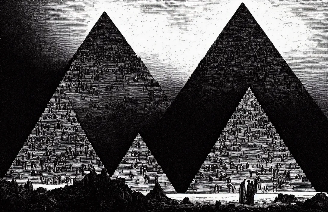 Prompt: the pyramid of figures is drawn together intact flawless ambrotype from 4 k criterion collection remastered cinematography gory horror film, ominous lighting, evil theme wow photo realistic postprocessing gustave dore hd illustration work of art directed by kurosawa by ghibli jan van der heyden