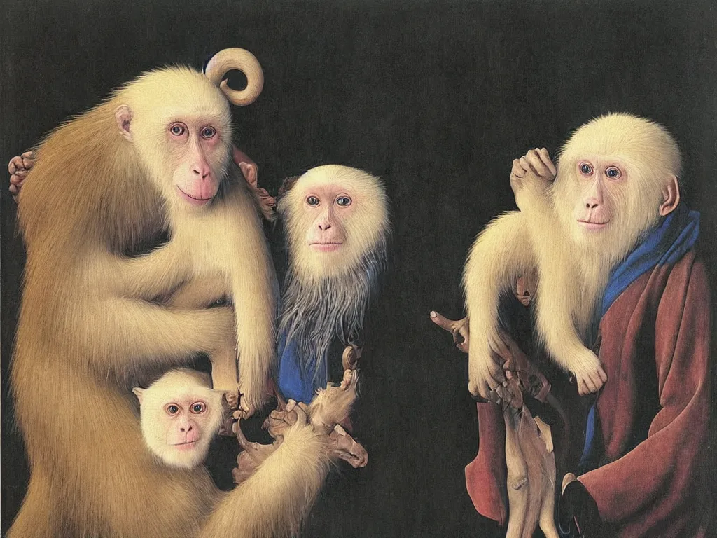 Image similar to Portrait of albino mystic with blue eyes, with exotic beautiful Japanese macaque. Painting by Jan van Eyck, Audubon, Rene Magritte, Agnes Pelton, Max Ernst, Walton Ford