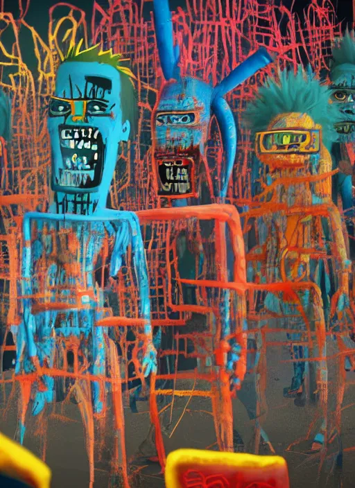 Image similar to multiple 3D freak party of monsters in the style of Jean-Michel Basquiat, cinematic lighting from the right side, photorealism, octane render, depth of field, 8k, 35mm, artgem, Trending on artstation