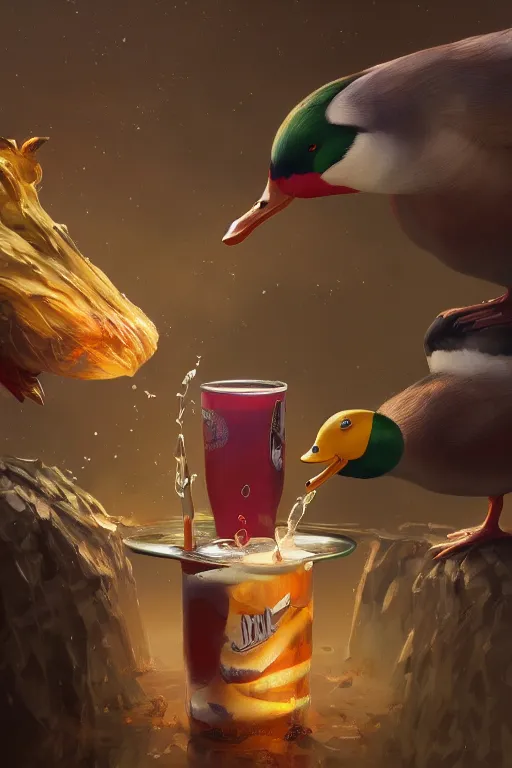 Image similar to duck drinks energy napiokmonstr energy, concept art, wlop, digital painting, trending on artstation, highly detailed, epic composition, official media, 8 k uhd