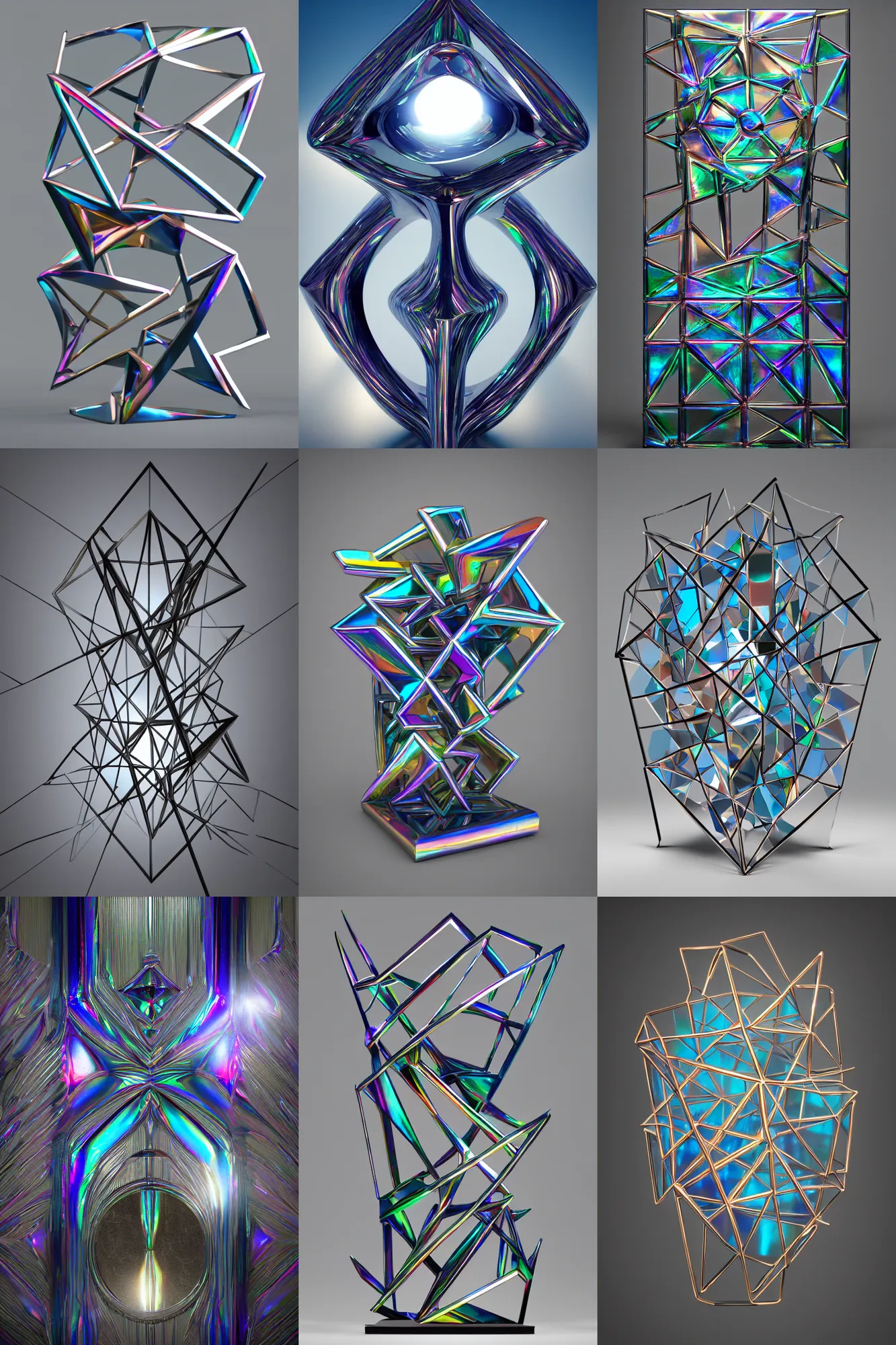 Prompt: metal sculpture geometric symmetrical forms and iridescent glass elements with sunlight rainbow reflections style of ivan black, jack storms yunchul kim anthony howe, octane render, 4 k