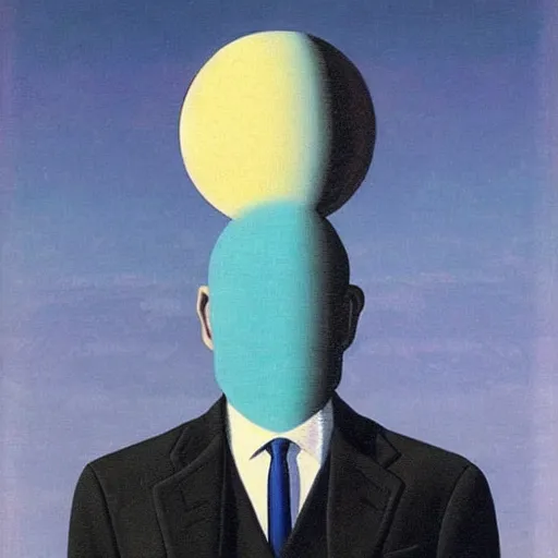 Prompt: a portrait of a well dressed business man, the planet saturn is superimposed over his face!!!, art by Rene Magritte