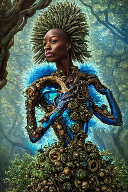 Image similar to hyperrealistic post-rococo super expressive! black woman with exoskeleton armor, merging with tree in a forest, highly detailed digital art masterpiece smooth cam de leon hannah yata dramatic pearlescent blue teal light ground angle hd 8k sharp focus