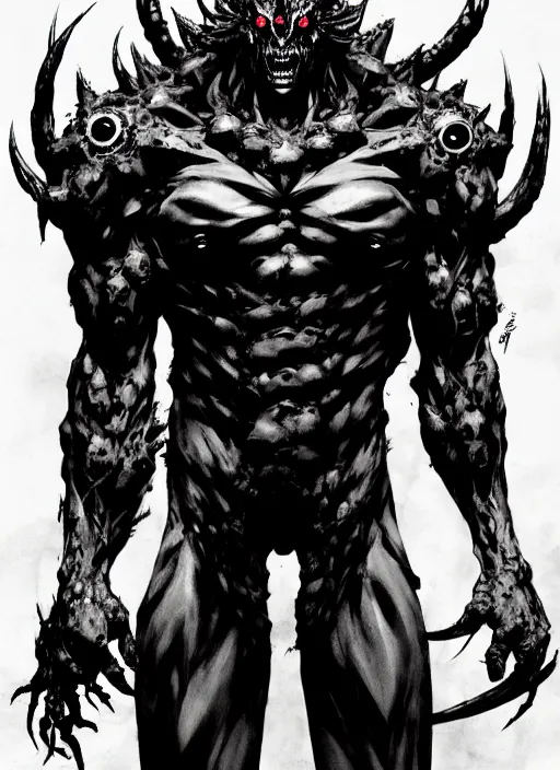 Image similar to A full body portrait of a scary demon with thousand eyes. In style of Yoji Shinkawa and Hyung-tae Kim, trending on ArtStation, dark fantasy, great composition, concept art, highly detailed.