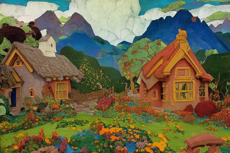 Image similar to the enchanted cottage and gardens of a wise woman on a mountaintop, dramatic cinematic lighting, folk-art carved painted wood house, rich colors, by Nicholas Roerich and William Dyce and ford madox brown and April Gornik and Caspar David Friedrich and Diego Rivera and Tyler Edlin and Ivan Bilibin