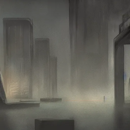 Image similar to brutalist base, blade runner, concept art, hard brushes, oil painting