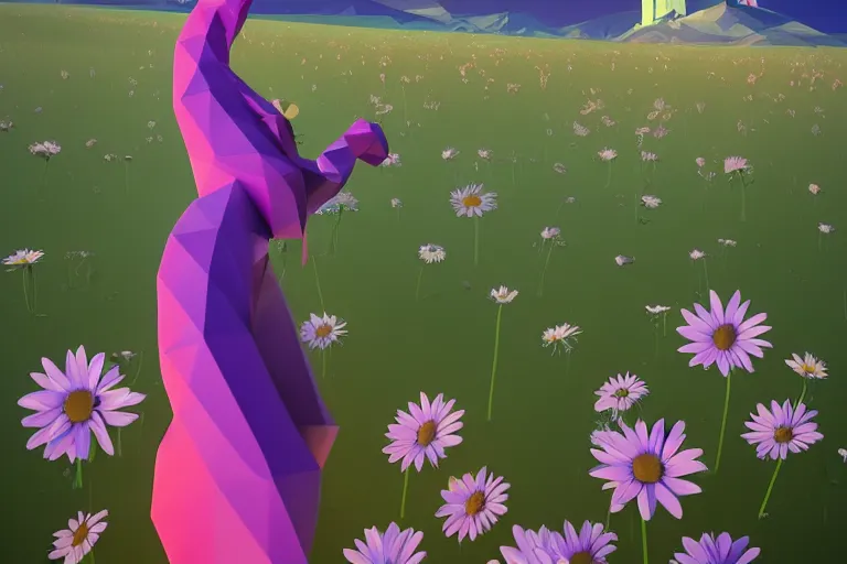 Image similar to lowpoly ps 1 playstation 1 9 9 9 glowing neon anthropomorphic behemoths great serpent maid standing in a field of daisies wearing converse shoes, swiss alps in the distance digital illustration by ruan jia on artstation