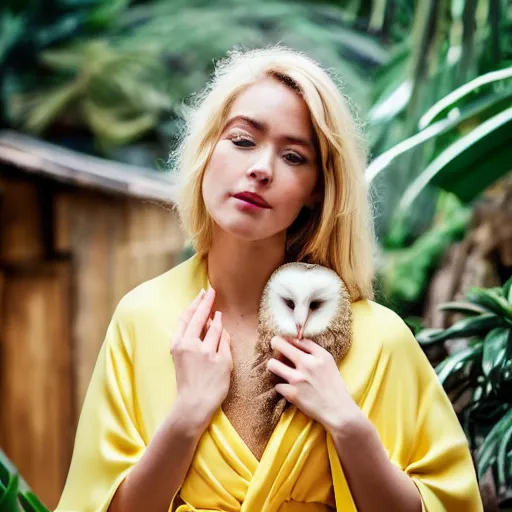 Image similar to head to shoulder portrait photograph of an elegant blond woman wearing a yellow kimono with a very detailed barn owl on her shoulder!!! in a tropical greenhouse. looking at the camera!!. super resolution. 85 mm f1.8 lens.bokeh. graflex. by Alessio albi !