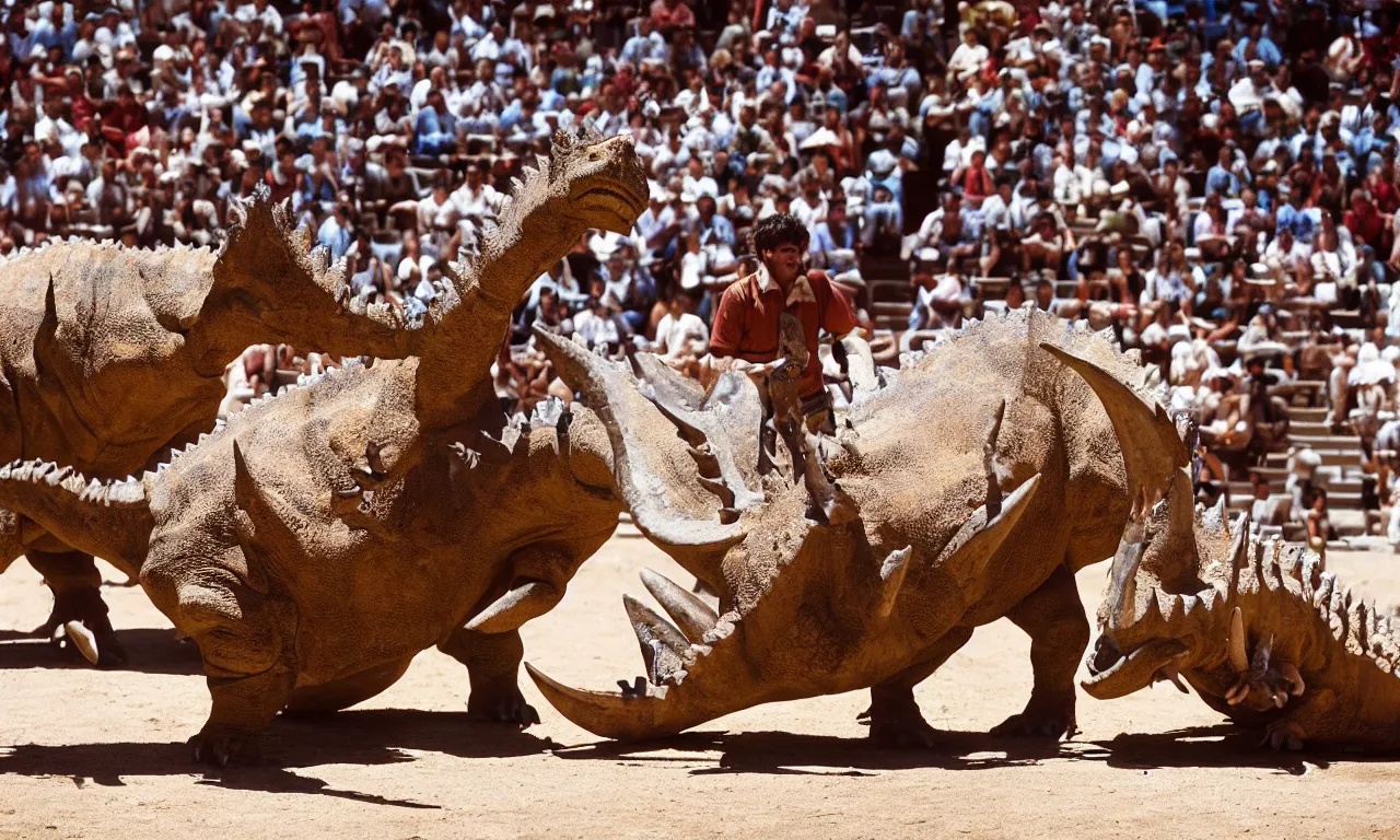 Image similar to a troubadour facing off against a horned dinosaur in the plaza de toros, madrid. extreme long shot, midday sun, kodachrome