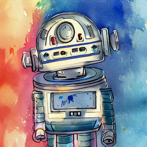 Prompt: a service robot that works for a wealthy family, starts getting mysterious messages from space, watercolor, 4k